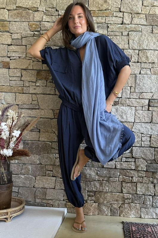 Basso Button Drape Cap Sleeve Shirt Navy
